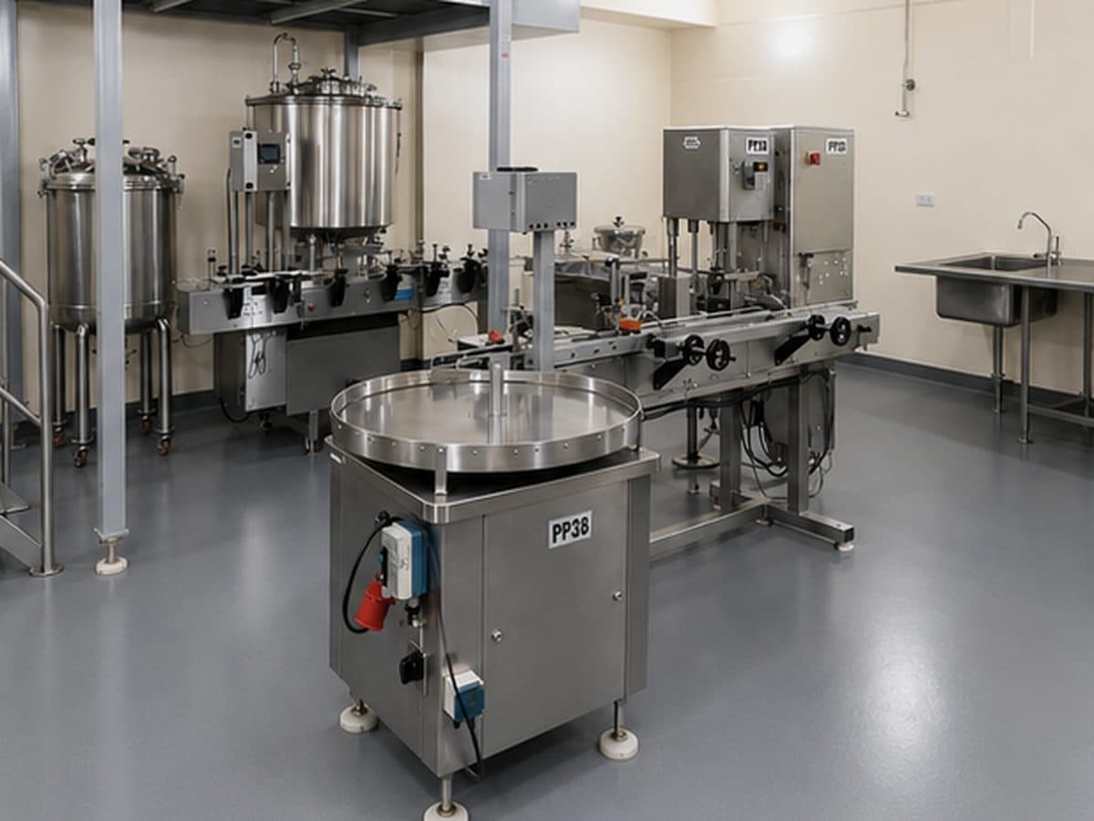Línea de envasado con mesa rotativa en una sala de producción